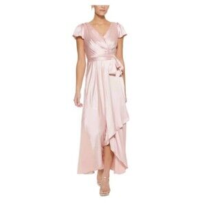 Dkny Womens 14 Satin Faux-Wrap Gown Blush Pink Flutter Sleeve Bridesmaid Dress